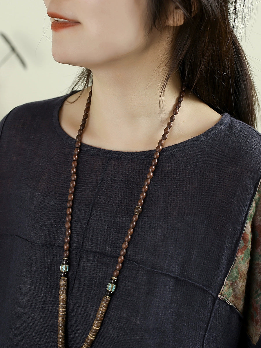 Women Autumn Retro Flower Patch 100%Linen O-Neck Shirt