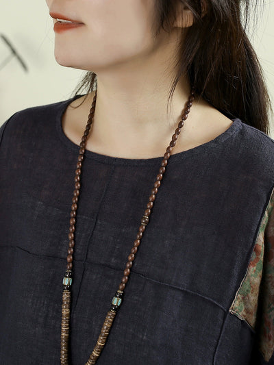 Women Autumn Retro Flower Patch 100%Linen O-Neck Shirt