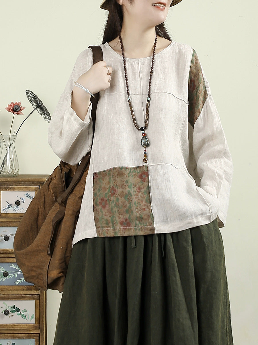 Women Autumn Retro Flower Patch 100%Linen O-Neck Shirt