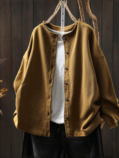 Plus Size Women Autumn Casual Pure Color Cotton Cardigan Shirt