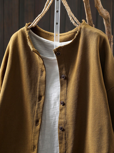 Plus Size Women Autumn Casual Pure Color Cotton Cardigan Shirt