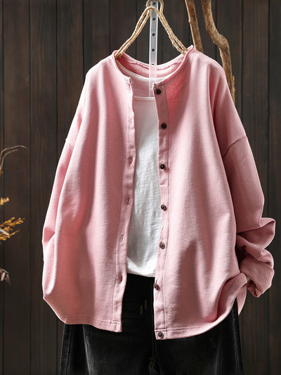 Plus Size Women Autumn Casual Pure Color Cotton Cardigan Shirt