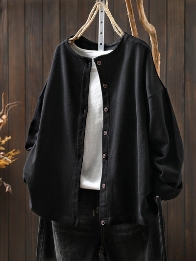 Plus Size Women Autumn Casual Pure Color Cotton Cardigan Shirt