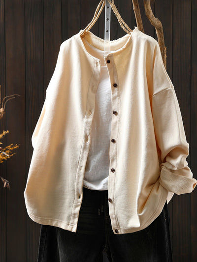 Plus Size Women Autumn Casual Pure Color Cotton Cardigan Shirt