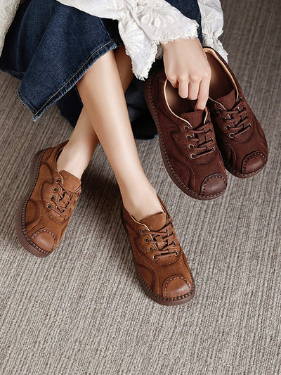 Women Autumn Leather Spliced Strap Flat Shoes