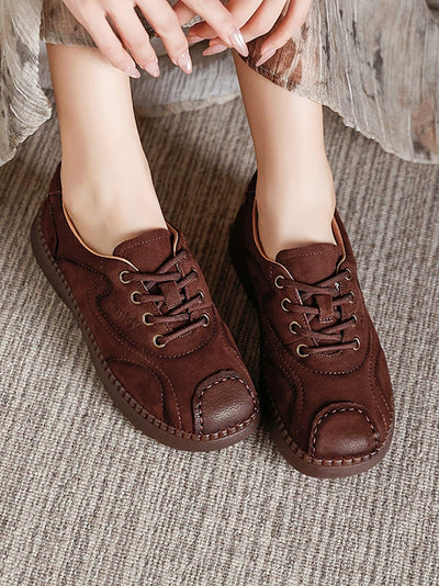Women Autumn Leather Spliced Strap Flat Shoes