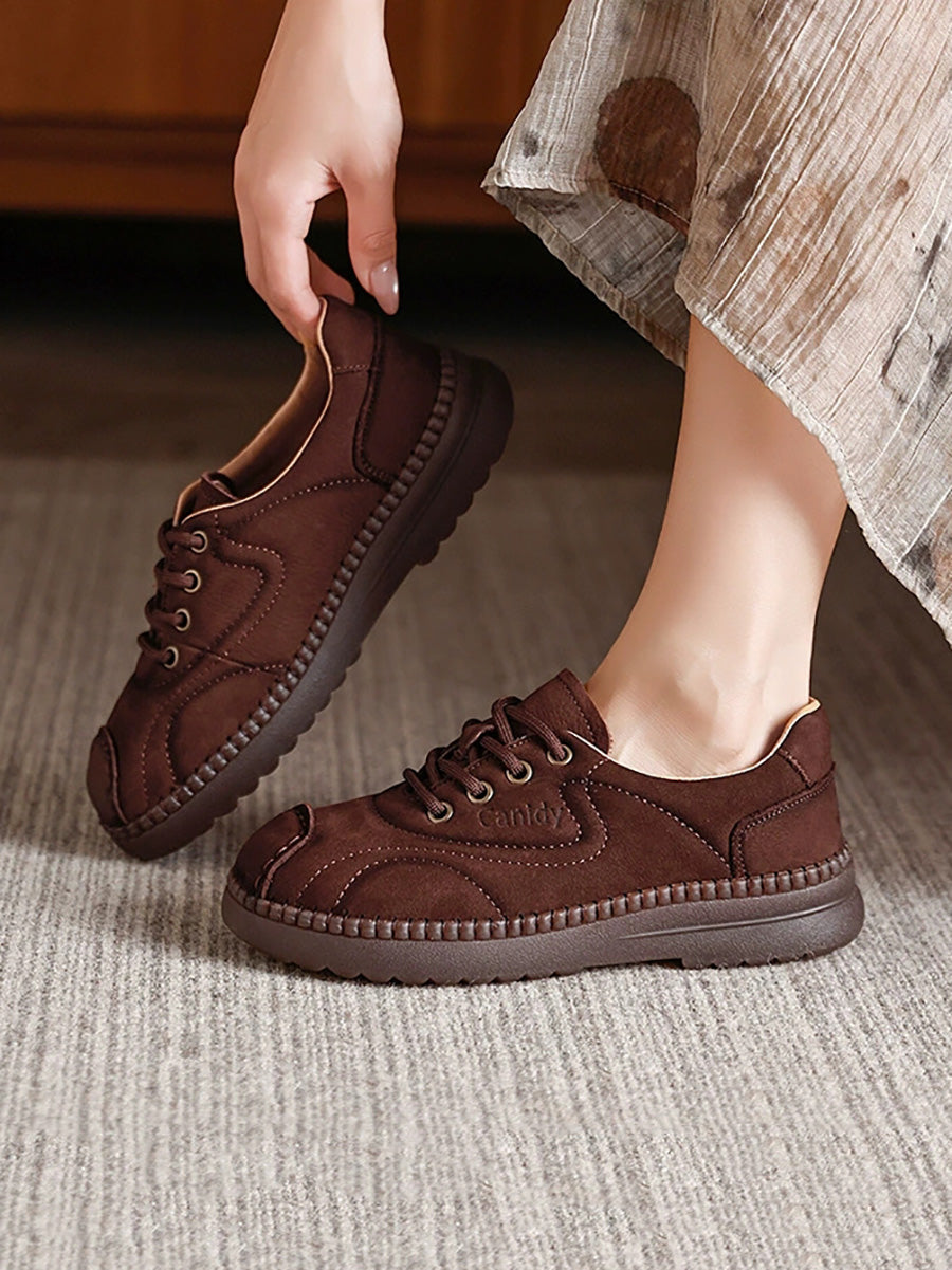 Women Autumn Leather Spliced Strap Flat Shoes