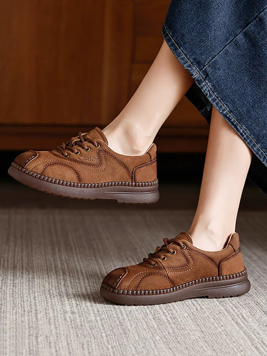 Women Autumn Leather Spliced Strap Flat Shoes