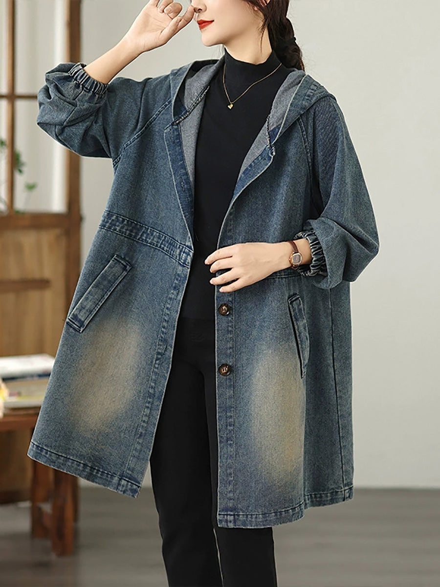 Women Vintage Autumn Denim Pure Color Loose Hooded Coat