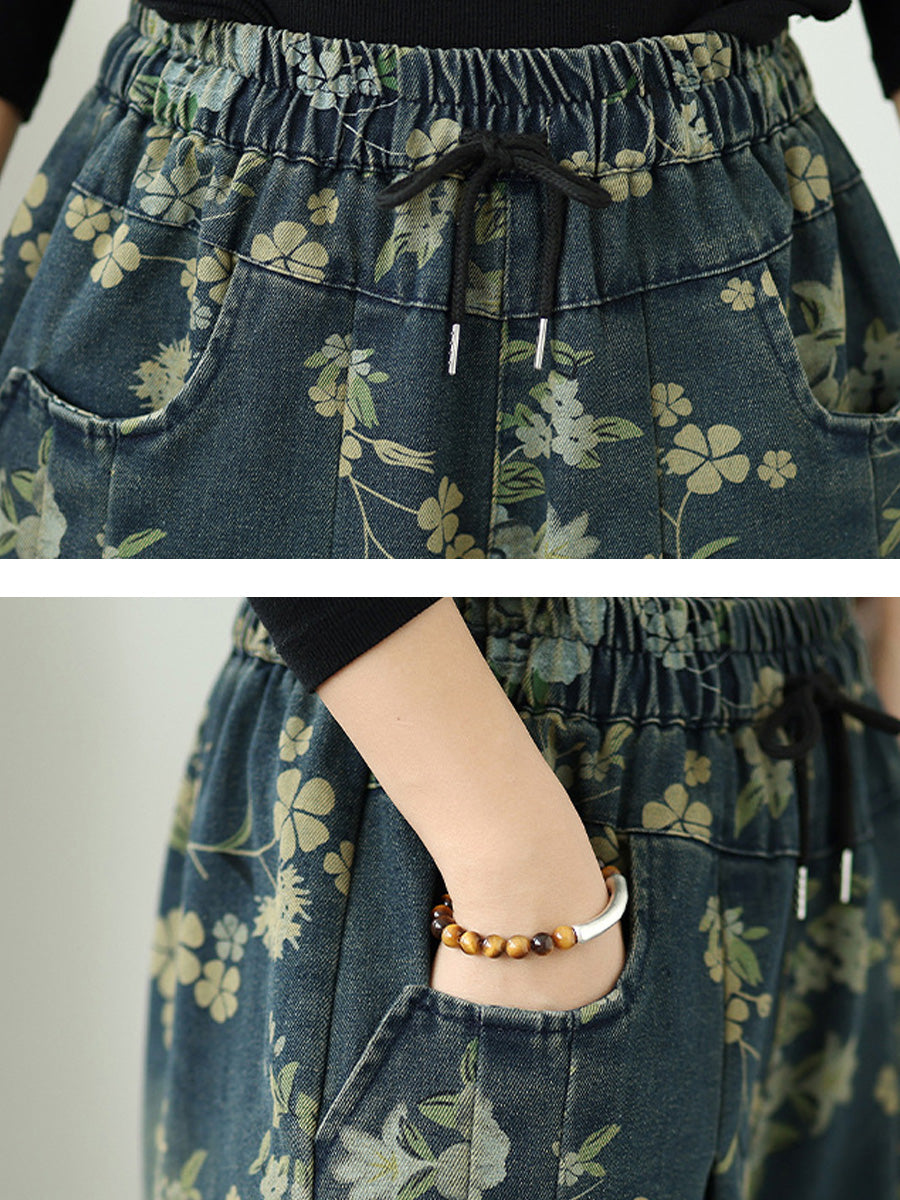 Women Autumn Retro Flower Denim Wide-leg Pants