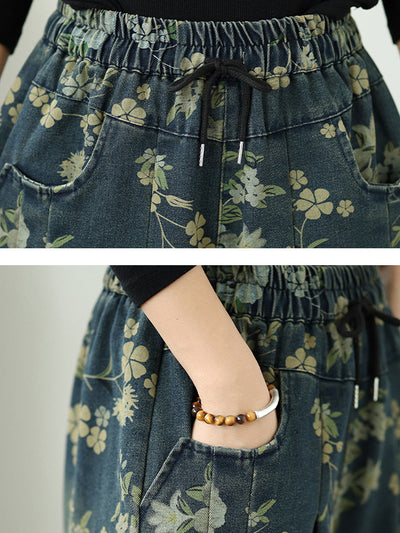 Women Autumn Retro Flower Denim Wide-leg Pants