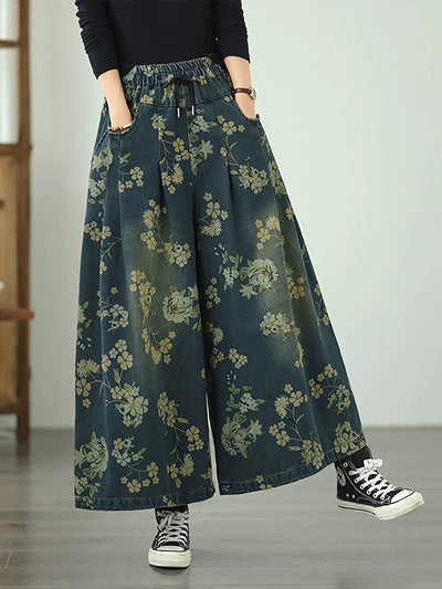 Women Autumn Retro Flower Denim Wide-leg Pants