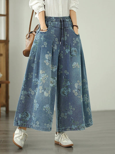 Women Autumn Retro Flower Denim Wide-leg Pants