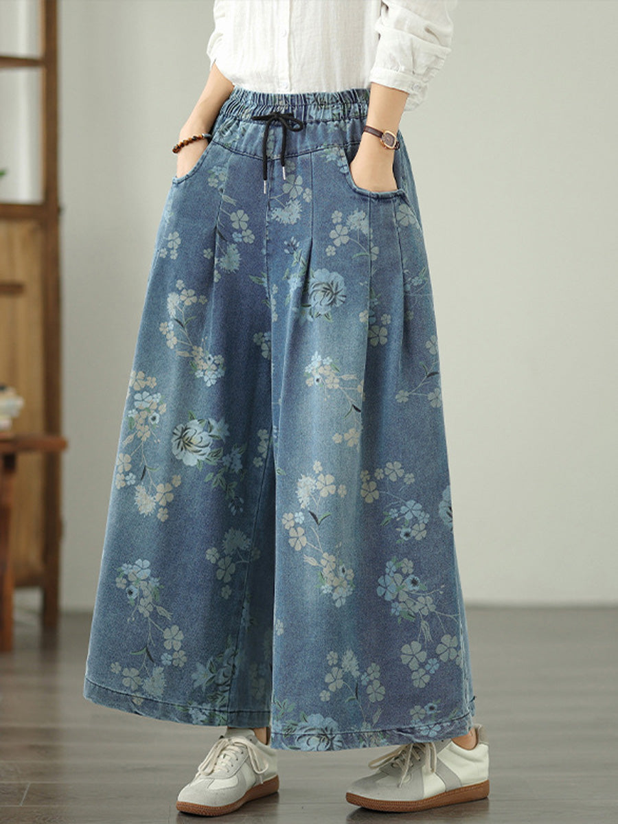 Women Autumn Retro Flower Denim Wide-leg Pants
