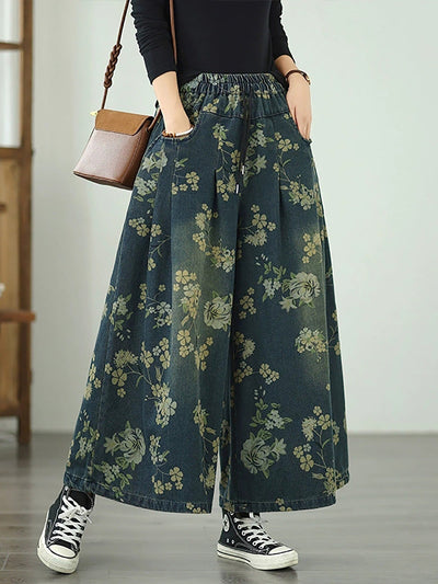 Women Autumn Retro Flower Denim Wide-leg Pants