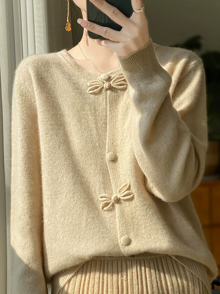 Women Autumn Artsy Knitted Wool O-Neck Cardigan Sweater