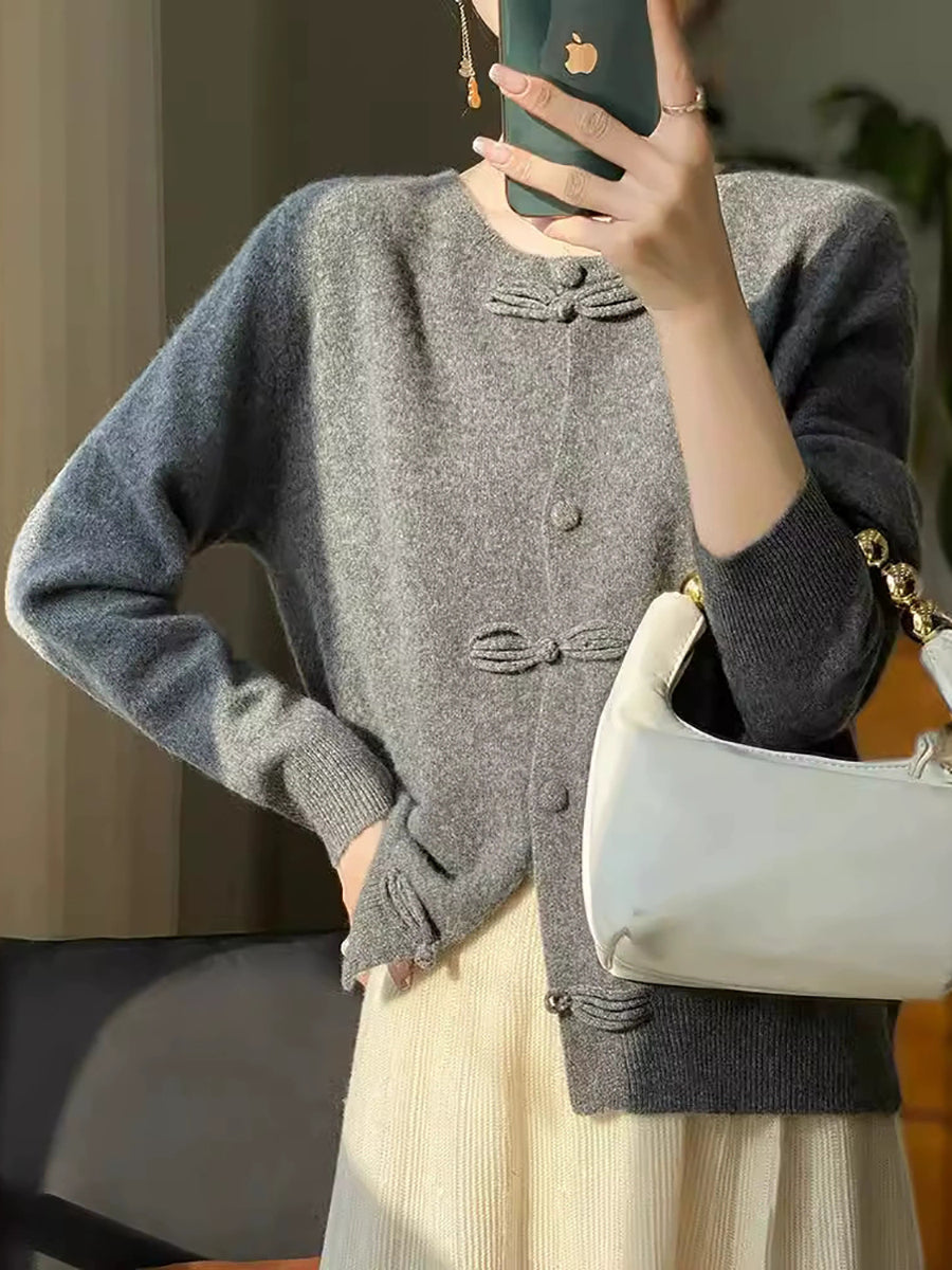 Women Autumn Artsy Knitted Wool O-Neck Cardigan Sweater