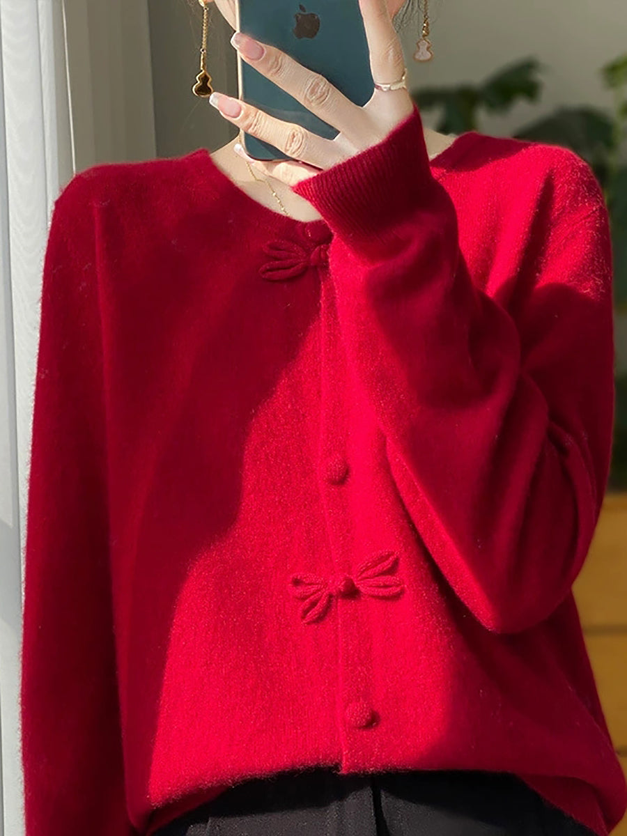 Women Autumn Artsy Knitted Wool O-Neck Cardigan Sweater