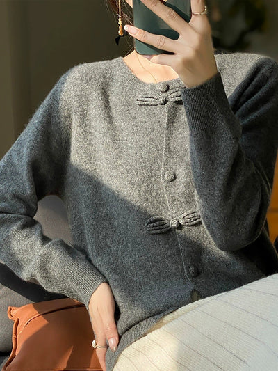 Women Autumn Artsy Knitted Wool O-Neck Cardigan Sweater