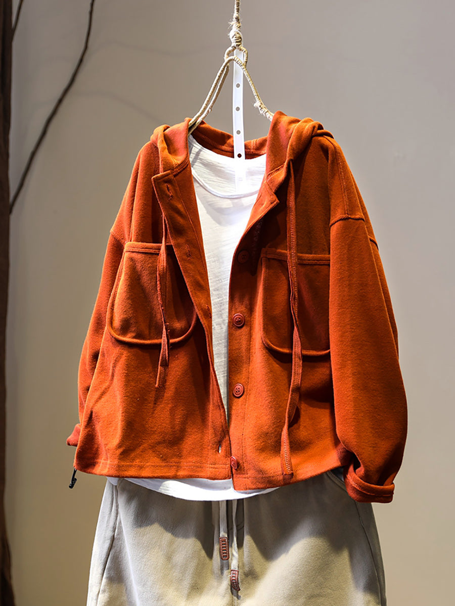 Women Autumn Pure Color Hooded Cardigan Shirt Coat