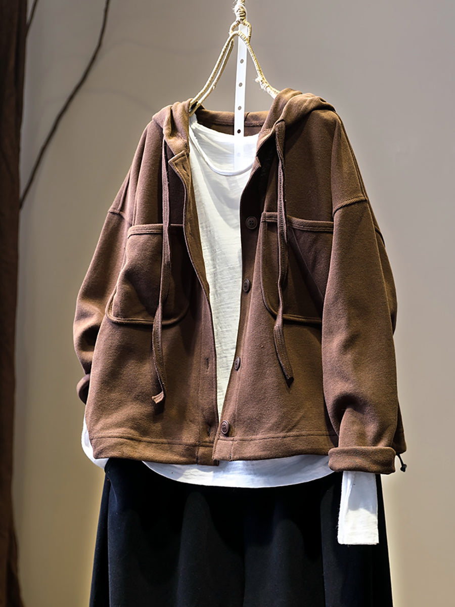 Women Autumn Pure Color Hooded Cardigan Shirt Coat