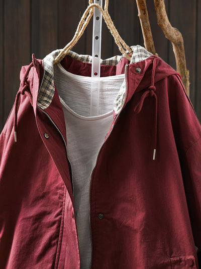 Plus Size Women Autumn Pure Color Hooded Cotton Cardigan Coat