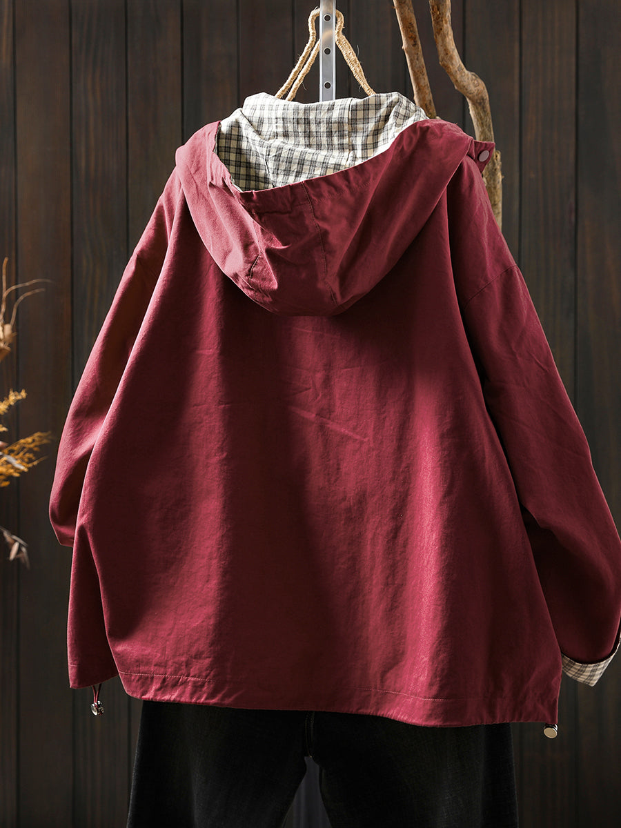 Plus Size Women Autumn Pure Color Hooded Cotton Cardigan Coat