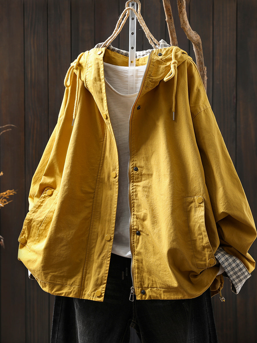 Plus Size Women Autumn Pure Color Hooded Cotton Cardigan Coat