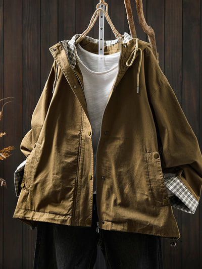 Plus Size Women Autumn Pure Color Hooded Cotton Cardigan Coat