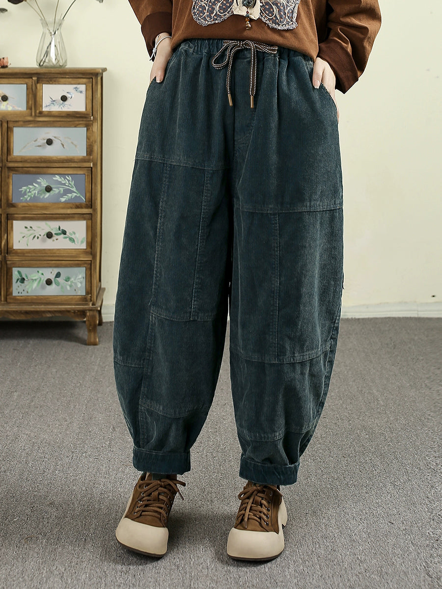 Women Autumn Retro Pure Color Spliced Croduroy Pants
