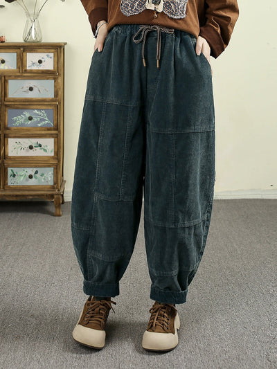 Women Autumn Retro Pure Color Spliced Croduroy Pants