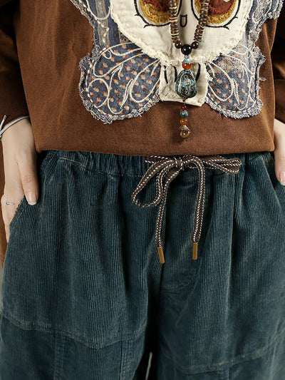 Women Autumn Retro Pure Color Spliced Croduroy Pants