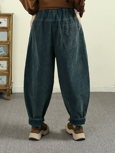 Women Autumn Retro Pure Color Spliced Croduroy Pants