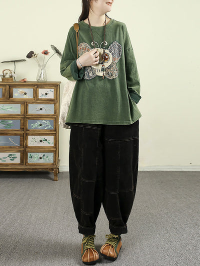 Women Autumn Retro Pure Color Spliced Croduroy Pants