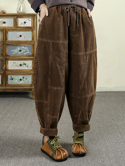 Women Autumn Retro Pure Color Spliced Croduroy Pants