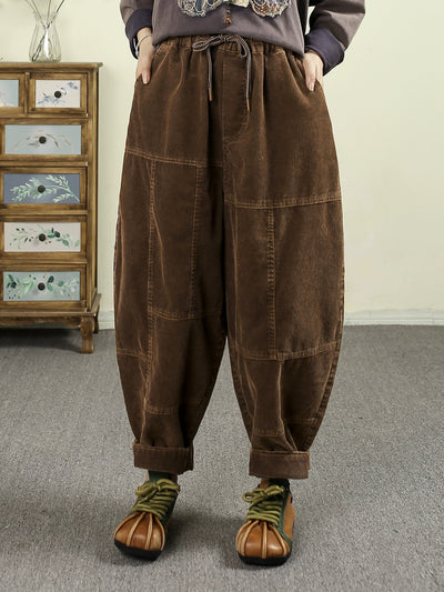 Women Autumn Retro Pure Color Spliced Croduroy Pants