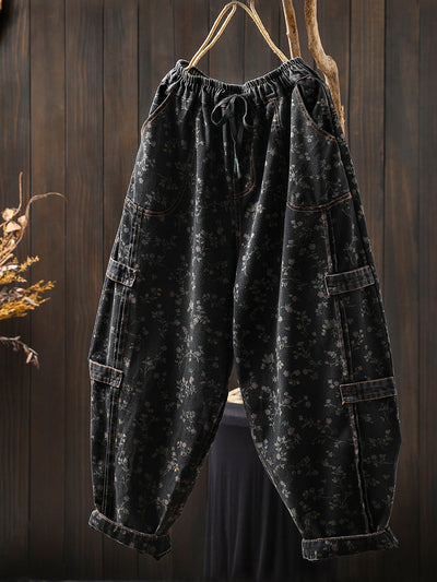 Women Autumn Retro Flower Denim Harem Pants