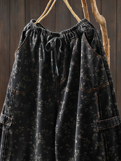 Women Autumn Retro Flower Denim Harem Pants