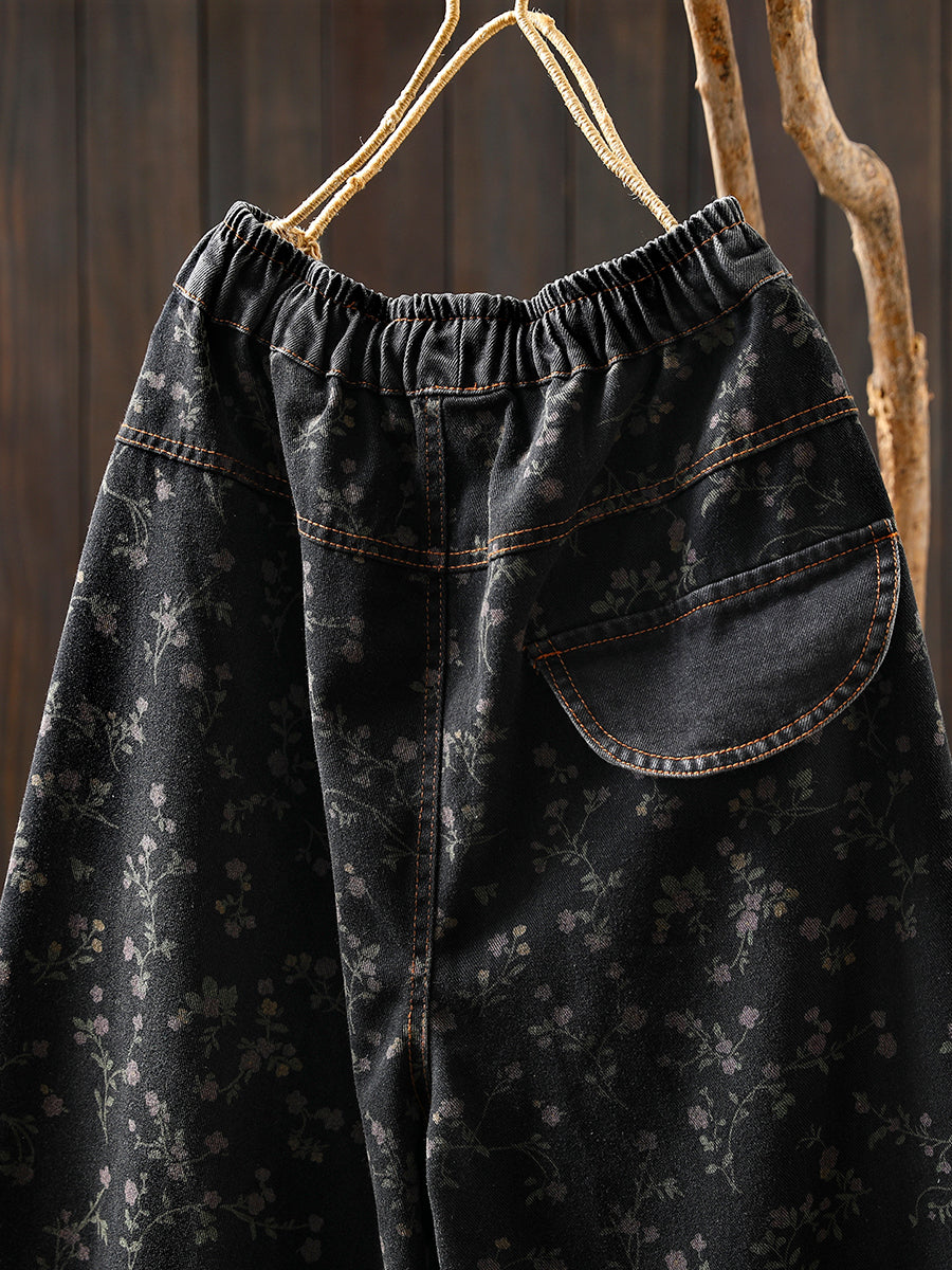 Women Autumn Retro Flower Denim Harem Pants