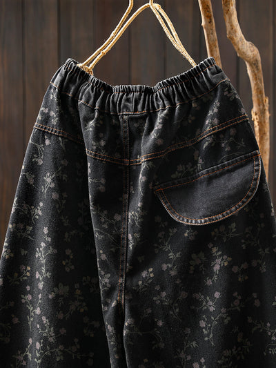 Women Autumn Retro Flower Denim Harem Pants