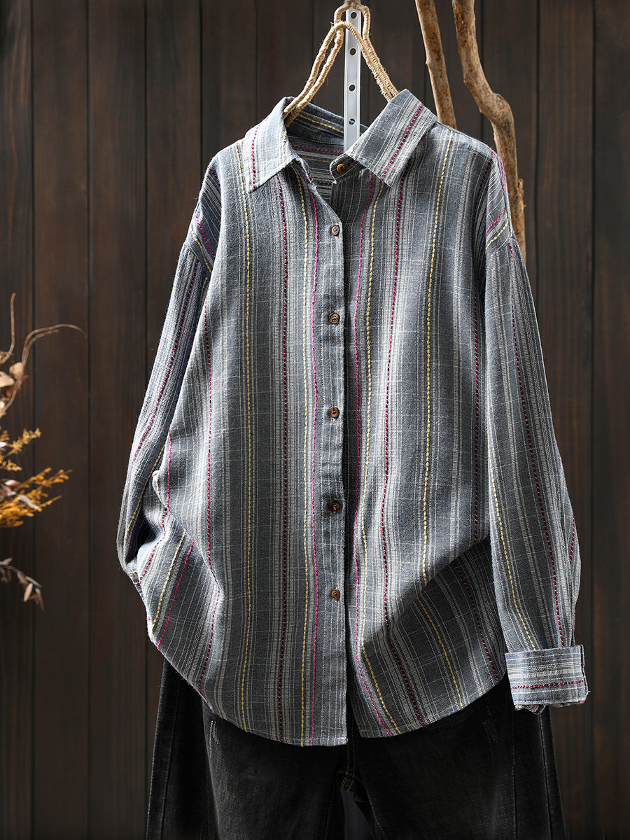 Women Autumn 100%Cotton Stripe Shirt