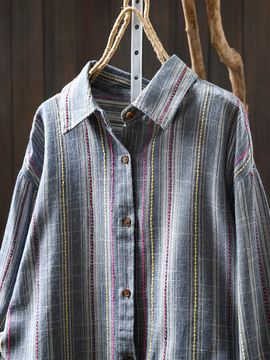 Women Autumn 100%Cotton Stripe Shirt