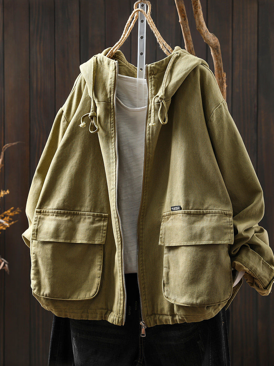 Women Autumn Pure Color Hooded Cotton Cardigan Coat