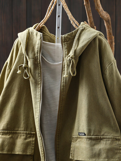 Women Autumn Pure Color Hooded Cotton Cardigan Coat