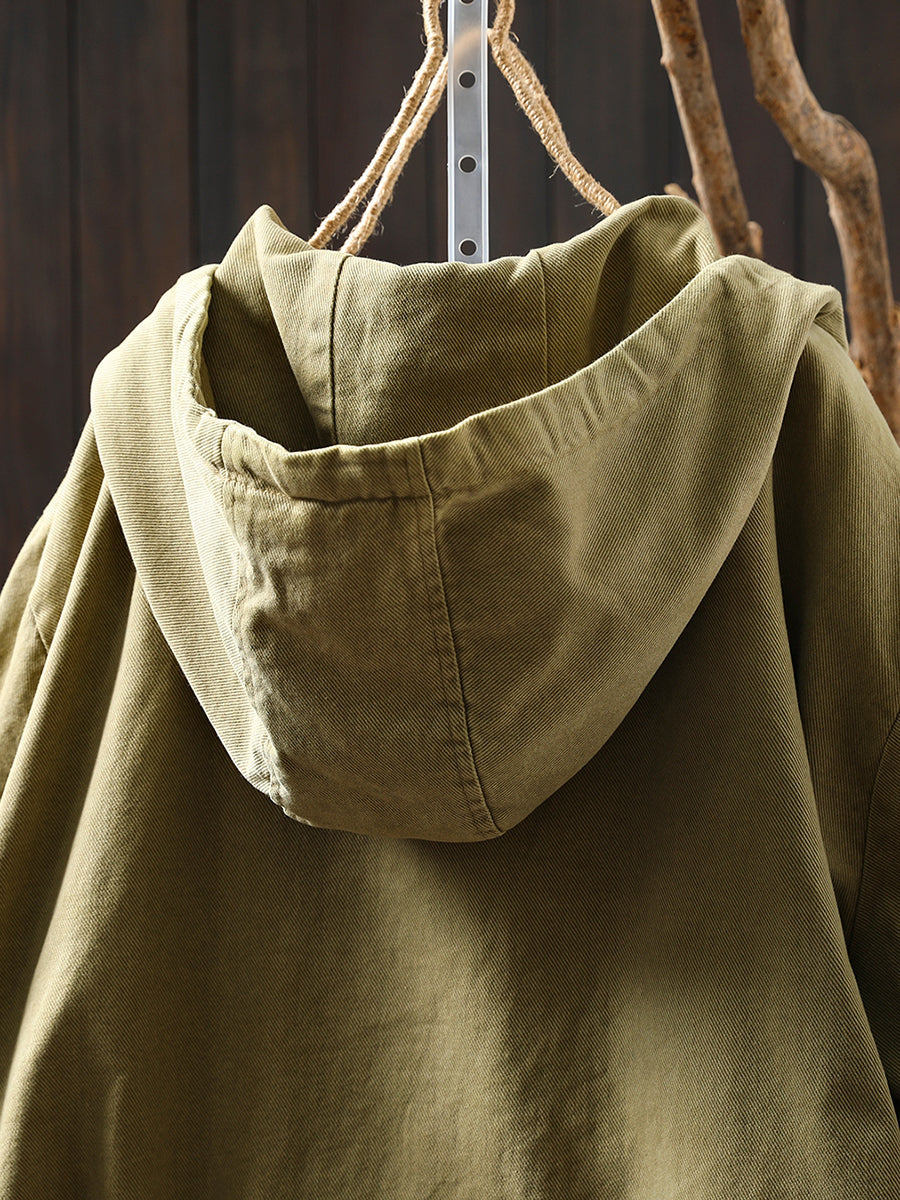 Women Autumn Pure Color Hooded Cotton Cardigan Coat