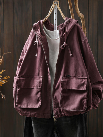 Women Autumn Pure Color Hooded Cotton Cardigan Coat