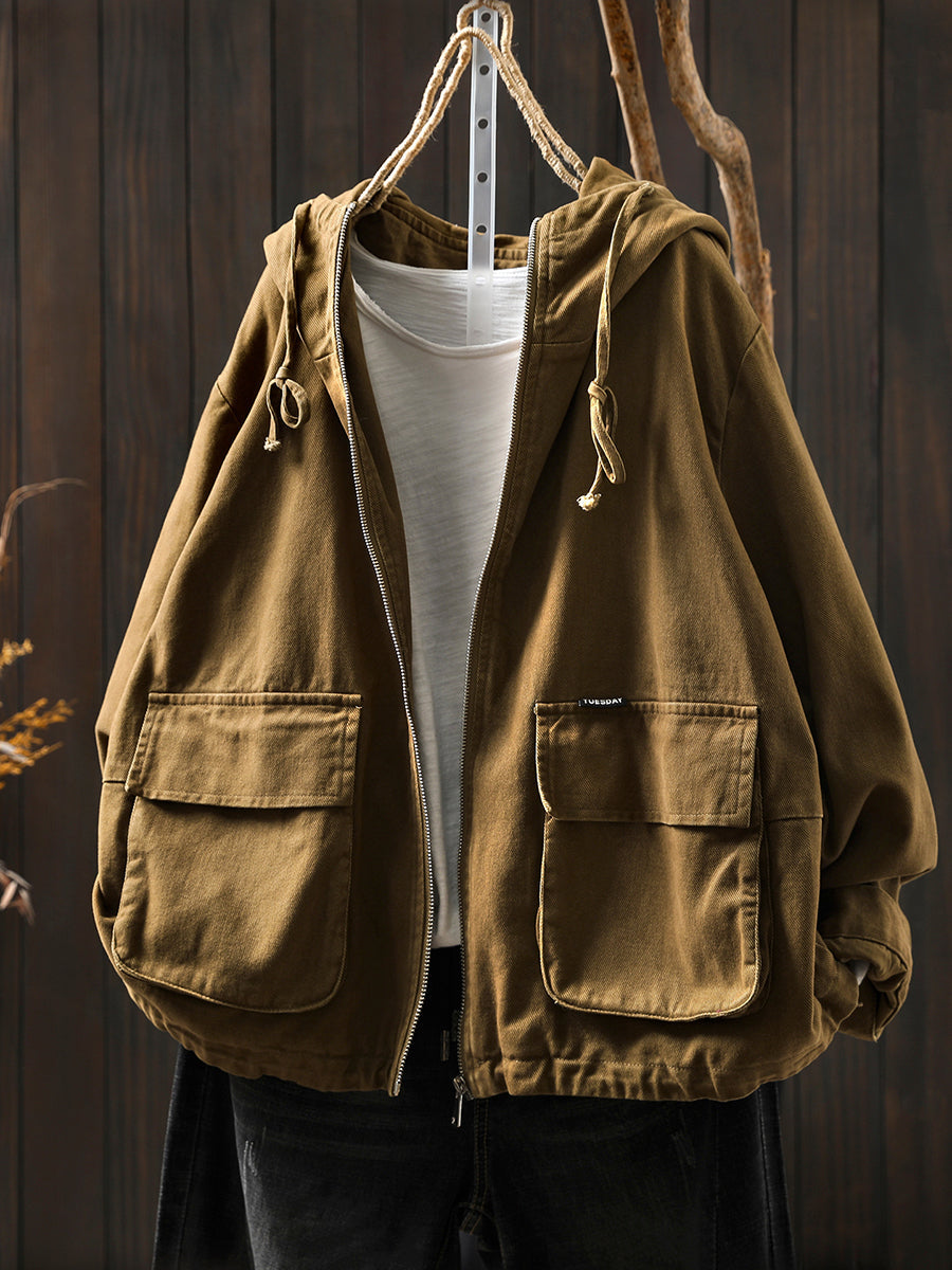 Women Autumn Pure Color Hooded Cotton Cardigan Coat