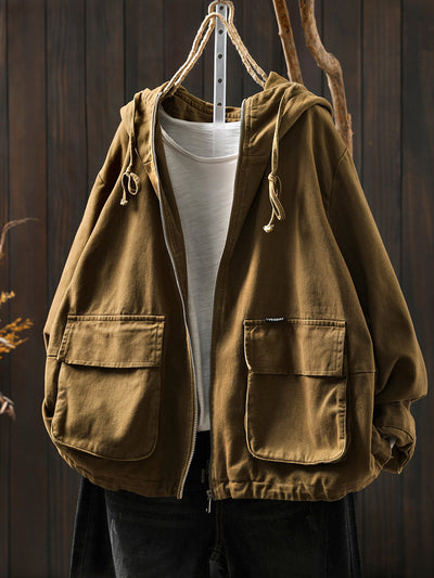 Women Autumn Pure Color Hooded Cotton Cardigan Coat