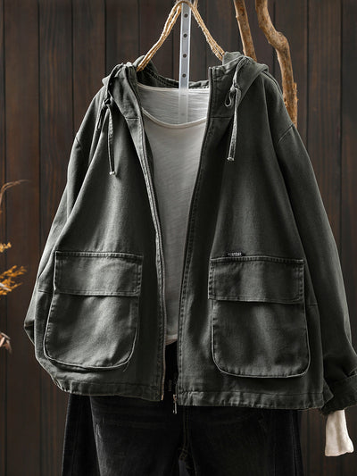 Women Autumn Pure Color Hooded Cotton Cardigan Coat