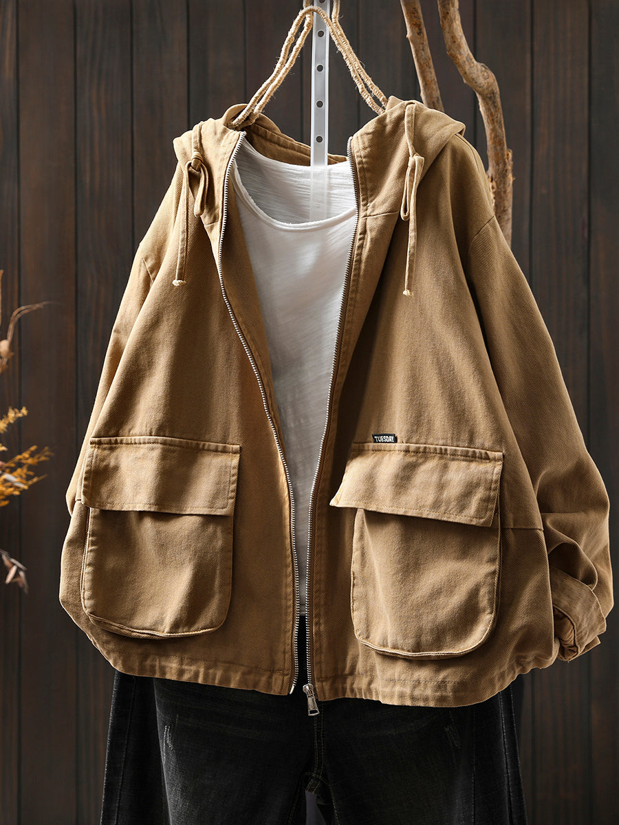 Women Autumn Pure Color Hooded Cotton Cardigan Coat